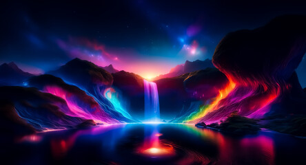 Fototapeta premium Vibrant waterfall spills into a lake at night, colorful lights illuminate a mountain landscape under a starry sky.