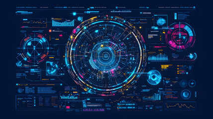 Futuristic Digital Interface Display With Circular Data Visualization Against a Dark Blue Background