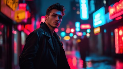 Fototapeta premium man in leather jacket night city lights