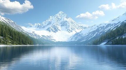 Fototapeta premium Majestic snowy mountains reflected in tranquil lake waters under sunny sky enhancing natural beauty and idyllic mountain scenery