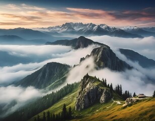 Amazing mountain landscape with fog and a haystack. Generative AI.