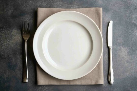 A white plate with cutlery on a cloth is arranged
