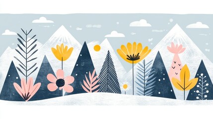 Obraz premium Stylized Winter Landscape Graphic Illustration with Trees Flowers and Mountains Minimalist Design Snowy Scenery with Floral Elements