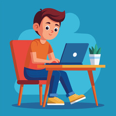 a boy is using his laptop vector