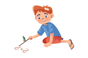 Child Drawing with Stick in Outdoor Setting Illustration