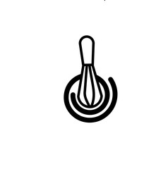 Line icon of whisk for mixing eggs, dough, sauce and other ingredients for cooking. Kitchen utensils outline label. Vector ilustration.
