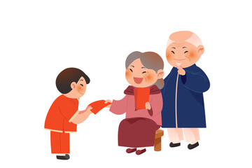 Child Receiving Red Envelope from Grandparents Illustration