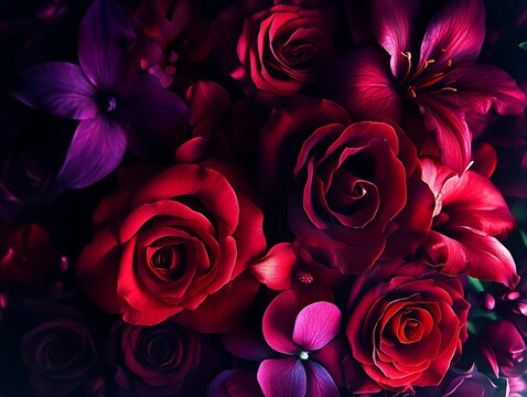 Elegant floral arrangement in shades of deep red and purple hues closeup