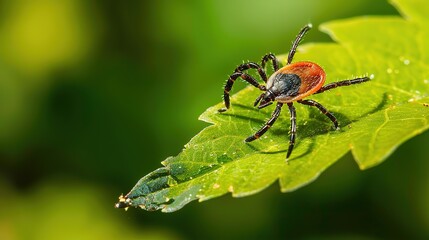 Fototapeta premium Close-up of a tick on a leaf in a green forest, representing the risk of tick-borne diseases and outdoor health hazards in nature.