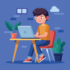 a boy is using his laptop vector