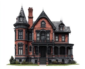 Naklejka premium Victorian brick house isolated on white background.