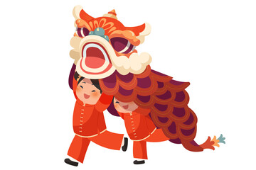 Children Performing Lion Dance for Lunar New Year Celebration Illustration