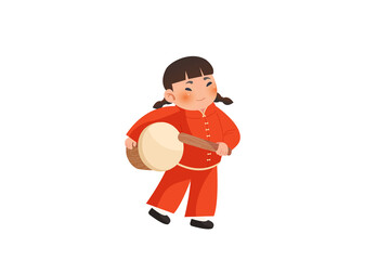 Joyful Child Playing Drum to Celebrate Chinese New Year