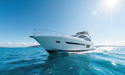 A luxury yacht cruising through crystal-clear turquoise waters, with the sun shining brightly and soft waves gently hitting the hull