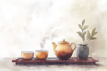 Fototapeta premium Watercolor teapot and cups with steam on white background 