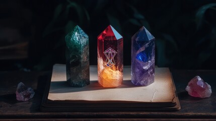 Crystal array on open book, table setting, dark background, magical atmosphere