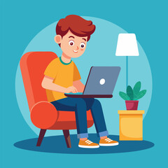 a boy is using his laptop vector