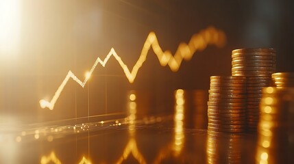 Economic Growth and Investment Success, Stacks of gold coins next to a rising financial graph