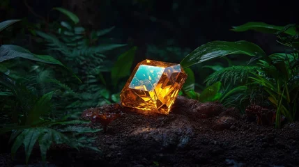 Printed kitchen splashbacks Crystal object lies on dirt in a jungle with greenery  light reflected from sides