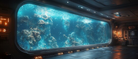 Bioluminescent aquarium illuminating space station interior. Generative ai ilustration