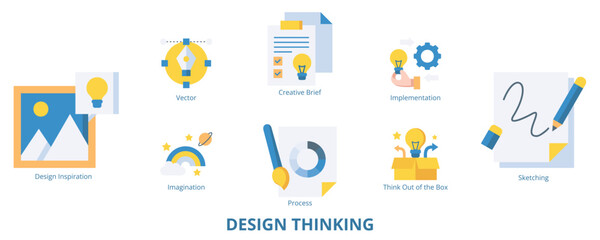 Design Thinking Flat Banner Web Icon Set Vector Illustration, Design Inspiration Sketching Vector Process Implementation Creative Brief Think Out Of The Box Imagination