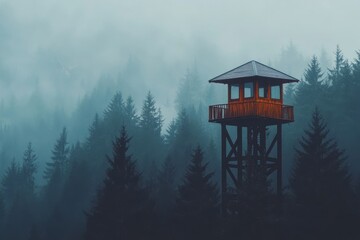 Misty Forest Landscape with Watchtower Among Pine Trees