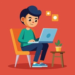 a boy is using his laptop vector