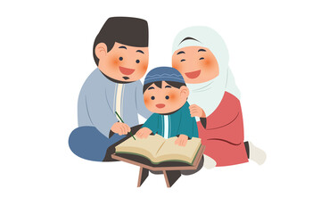 Muslim Family Reading Quran Together Illustration