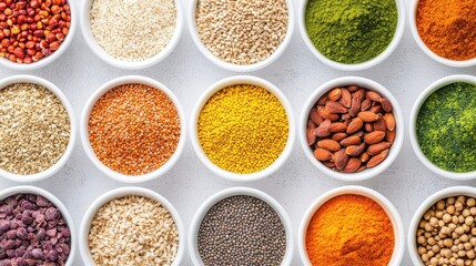 Varied Collection of Colorful Spices and Grains Arranged in White Bowls on Light Background