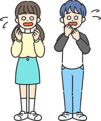 焦っている小学生男子と女子の線画イラスト