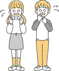 焦っている小学生男子と女子の線画イラスト