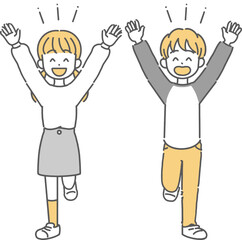 手を上げて喜んでいる小学生男子と女子の線画イラスト