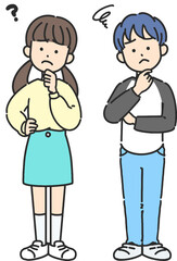考えている小学生男子と女子の線画イラスト