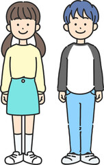 立っている小学生男子と女子の線画イラスト