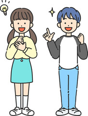 何かを思いついた小学生男子と女子の線画イラスト