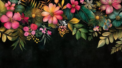 Floral exuberance on dark field painting vibrant petals and leaves nature themed artistry sophisticated botanical elegance