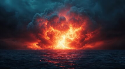 Dramatic Scene of Fiery Explosion in the Sky Above Dark Ocean Waters with Stormy Clouds and Lightning