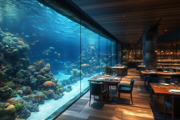 Luxury restaurant with a giant saltwater aquarium showcasing a coral reef. Generative ai ilustration
