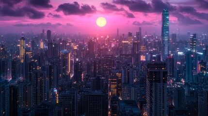 Cityscape at twilight with magenta sky and shining sun over modern buildings and skyscrapers urban landscape background