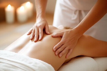 Fototapeta premium A serene setting with a person receiving a relaxing massage, highlighting the soothing touch of the therapist's hands and candlelight ambiance.