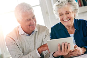 Retirement, online and senior couple with tablet, smile and laughing at funny videos, love and...