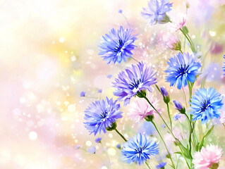 Fototapeta premium Delicate blue and pink flowers bloom vibrantly, surrounded by a soft, pastel background that enhances their natural beauty in spring