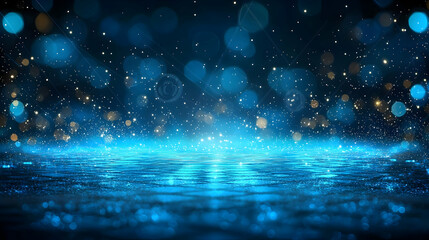 Abstract Blue Glitter Background With Sparkling Bokeh Effect And Glowing Light
