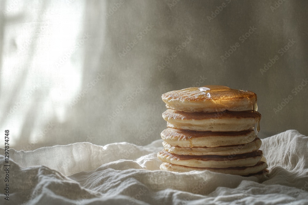Poster stack of warm pancakes drizzled with syrup on a soft cloth in gentle morning light creating a cozy b