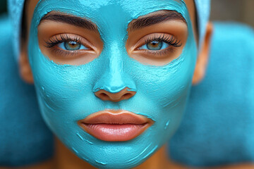 A woman with a blue facial mask relaxes, showcasing her clear skin and captivating eyes, embodying beauty and skincare.