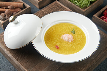 Millet porridge with fresh shrimp balls and shrimp paste