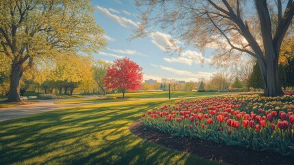 Naklejka premium springtime park scene with red tulips and colorful trees
