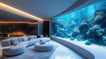 Modern living room with large saltwater aquarium featuring exotic fish and coral. Generative ai ilustration