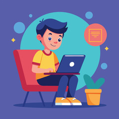 a boy is using his laptop vector