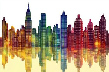 Fototapeta premium A vibrant, colorful city skyline reflecting on water, showcasing various skyscraper designs and a lively urban atmosphere.